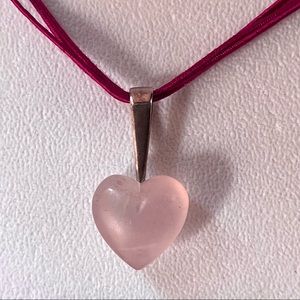 Rose Quartz Puffy “Candy” Heart Necklace, Silk Cords and Sterling